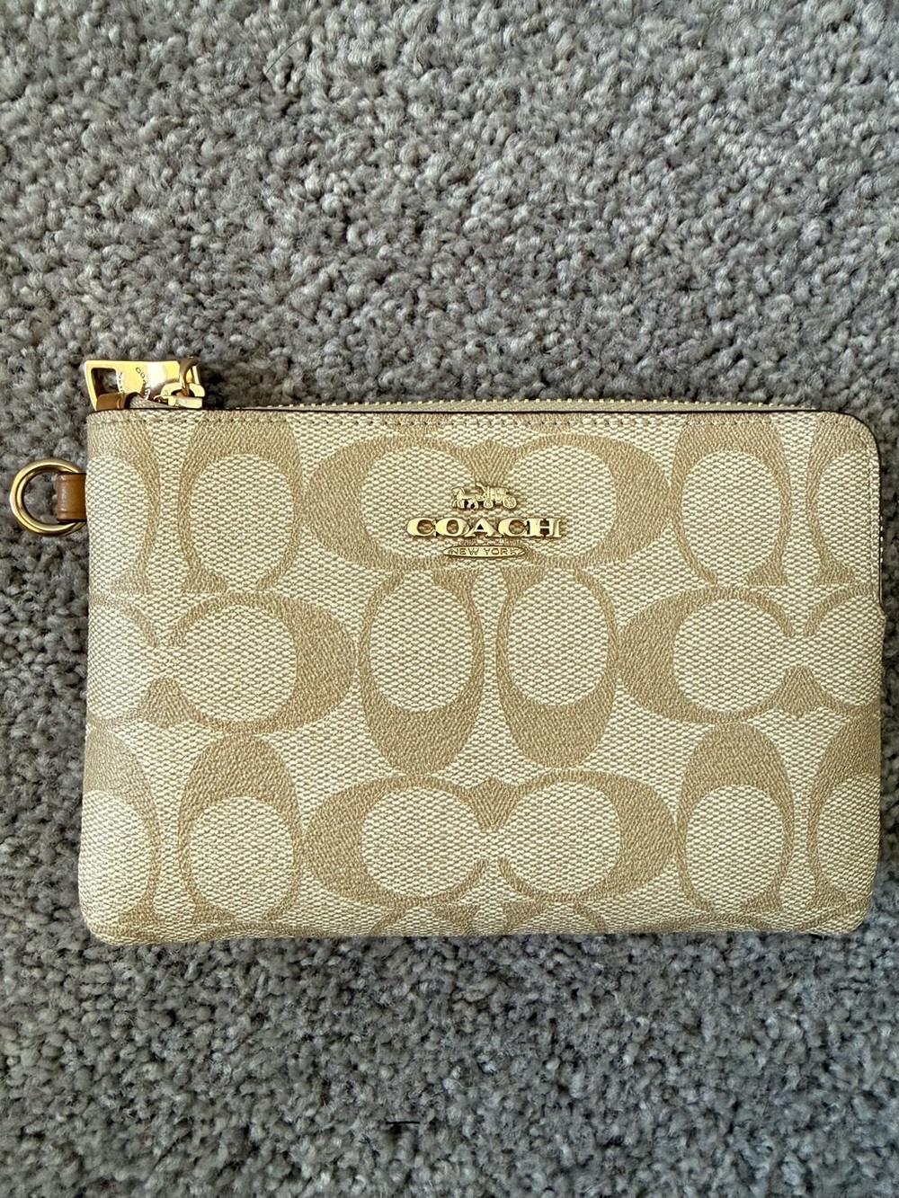 Coach Beige Signature Jacquard Zip Pouch with Gold Hardware